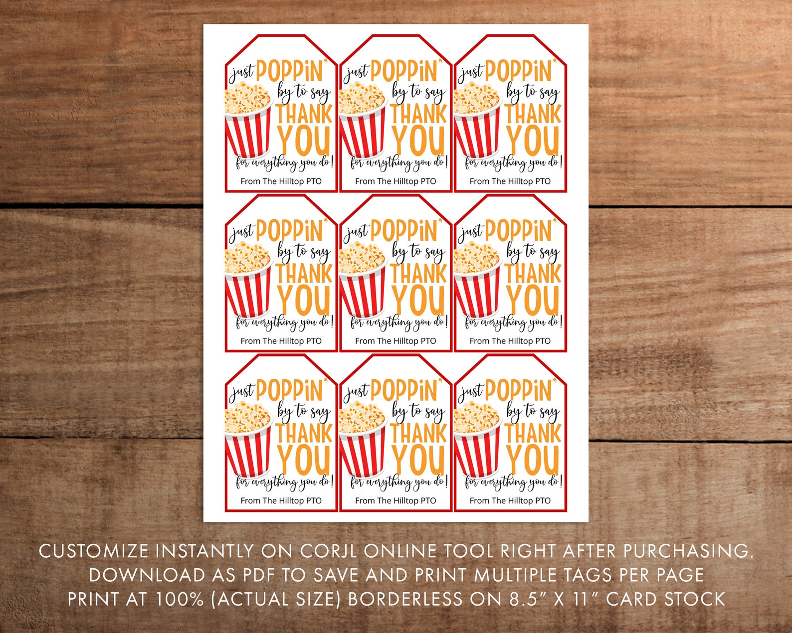 Editable Popcorn Thank You Gift Tag Printable for Teachers Nurses ...