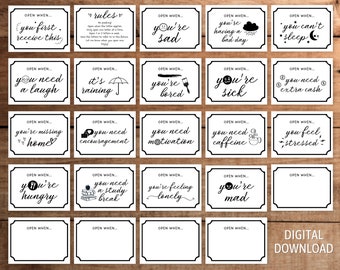 Open when letter envelope label printable Set of 24 College student going away gift Long distance friends care package Digital download
