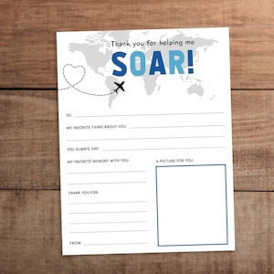 Carta imprimible de agradecimiento para maestros y personal con temática de viajes en avión Nota de agradecimiento de los estudiantes