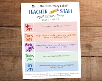 Editable Teacher Appreciation Week Itinerary Sign, Rainbow Theme (Digital Download)