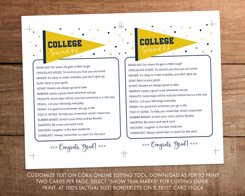 Editable College Survival Kit Printable Yellow and Navy School - Etsy