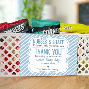 Arbeit und Lieferung Krankenschwester Hebamme OBGYN Geschenkkorb des Krankenhauspersonals Dankeschön-Tag bearbeitbares druckbares Neugeborenen-Babyetikett