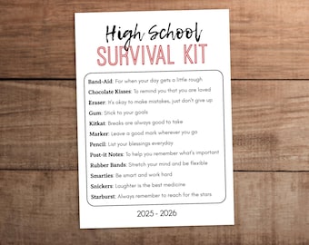 High school student survival kit printable  Welcome back to school gift   5x7  Instant download