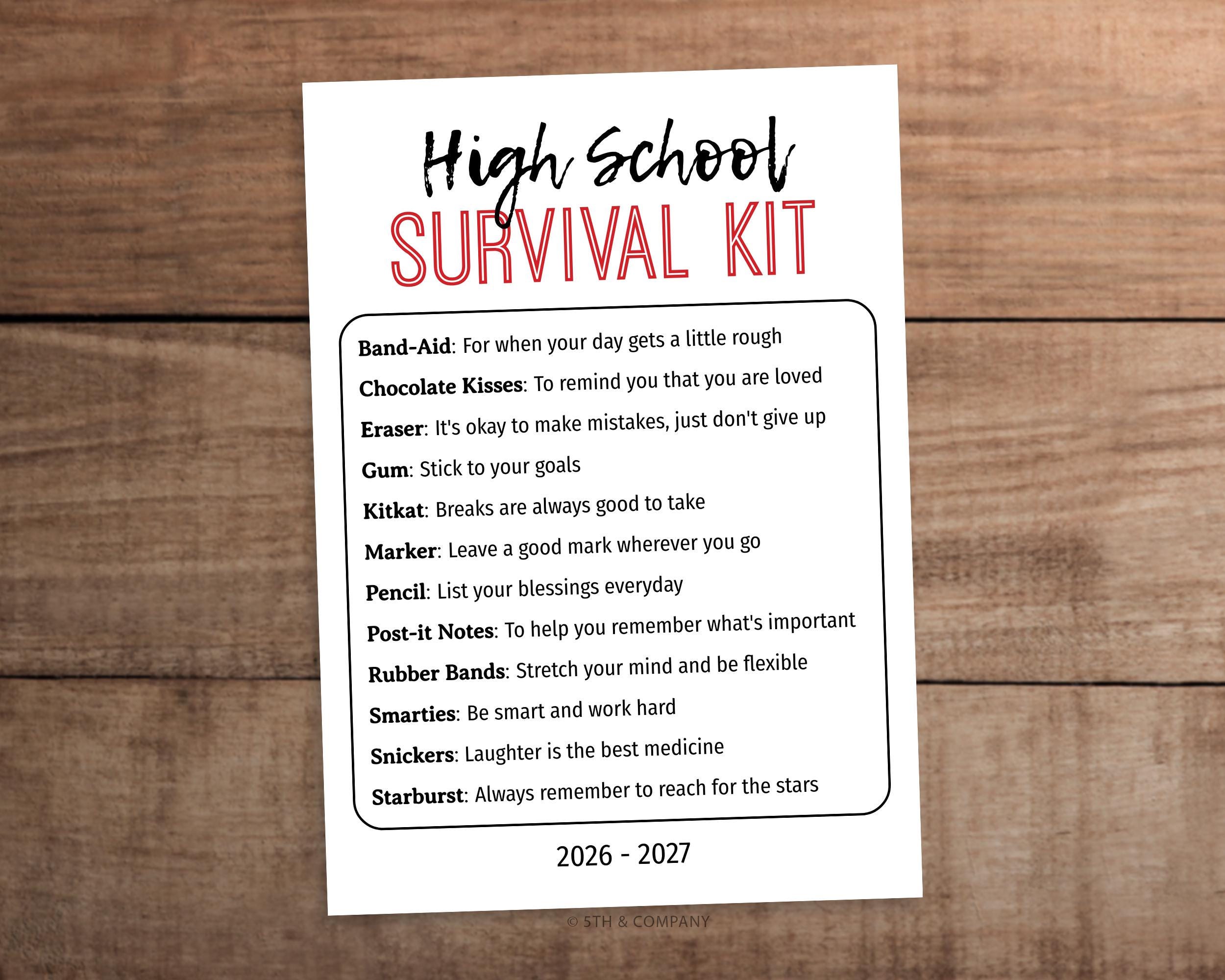 High School Survival Kit Printable Back to School Treat Gift Tag
