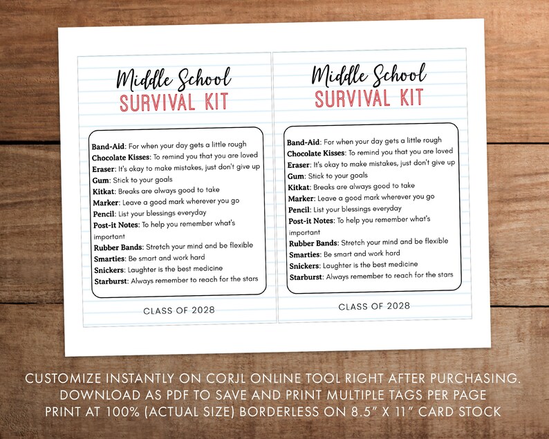 Editable Middle School Student Survival Kit Printable Class of Etsy