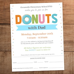 Editable Donuts with Dad flyer printable with rsvp School PTO PTA breakfast coffee template