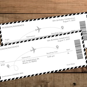 Bewerkbare vliegtuigticket verjaardagsuitnodiging afdrukbare sjabloon vliegtuig instapkaart feestuitnodiging reisthema