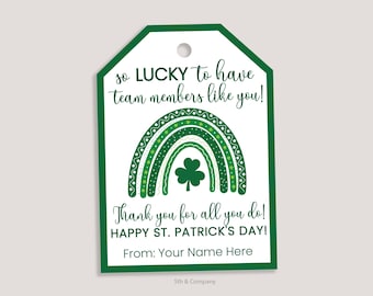 Plantilla editable de etiqueta de regalo del Día de San Patricio para empleados y compañeros de trabajo. Etiqueta de agradecimiento con trébol arcoíris.