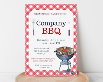 May include: A rectangular invitation card with a red and white checkered border. The text reads Mountainside Water District Company BBQ, Saturday, July 8, 2023, 4:00 - 6:00 PM, Mountainside Park, 123 Celebration St., Phoenix, AZ, and RSVP to Lauren.
