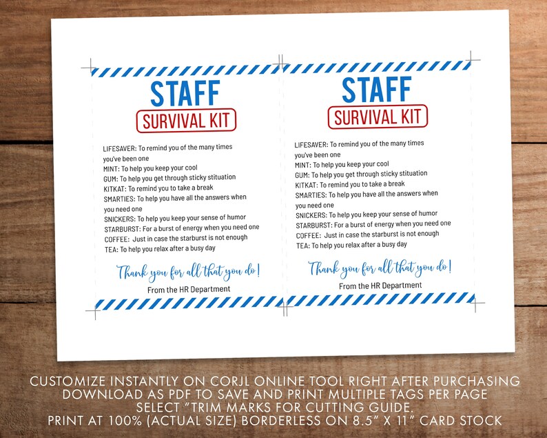 Staff Survival Kit Printable Template Editable Employee Etsy New Zealand