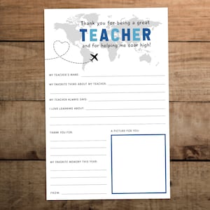 Modèle de lettre à un enseignant à partir d'un élève à imprimer pour les enseignants la semaine ou la fin de l'année scolaire, thème du voyage en avion image 1