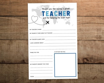 Letter to teacher from student template  Appreciation printable for teachers week or  end of school year Airplane travel theme