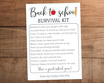 Editable Back to school survival kit printable for teacher student staff PTO PTA  First day of school gift