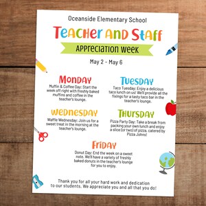 Puede incluir: Un folleto colorido que anuncia la Semana de Apreciación del Profesorado y el Personal en la Escuela Primaria Oceanside. El folleto enumera las actividades diarias de la semana, del 2 al 6 de mayo, incluyendo un día de muffins y café, una barra de tacos, un convite de gofres, una fiesta de pizza y un día de donuts. El folleto agradece a los profesores su duro trabajo y dedicación a los alumnos.