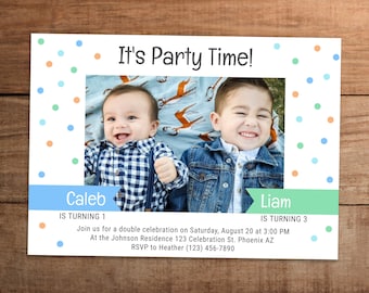 Editable Joint birthday party invitation for twin boys, friends, sibling, Double birthday celebration invite template