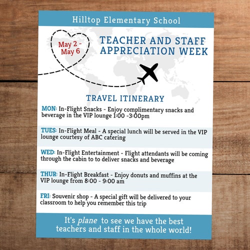 Teacher and Staff Appreciation Week Itinerary Weekly Schedule Etsy