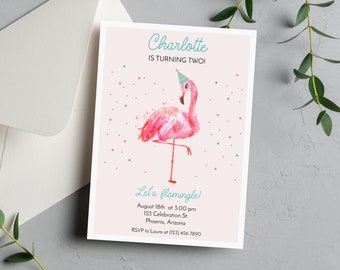 Zaproszenie na przyjęcie urodzinowe z motywem flaminga Edytowalne zaproszenie Let's flamingle do druku, do pobrania w wersji cyfrowej