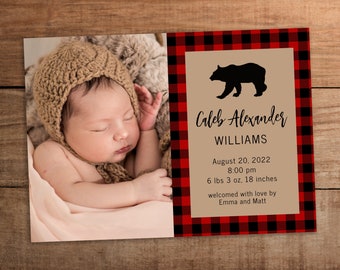 Lumberjack bear birth announcement photo card template Printable and editable Welcome newborn baby boy