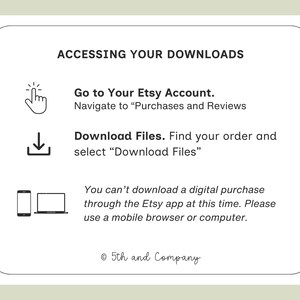 May include: A white graphic on a pale green background provides instructions for accessing digital downloads from an Etsy account. The text includes steps to find and download files, and a note about using a mobile browser or computer.