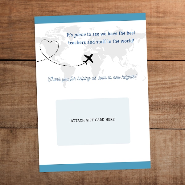 Teacher appreciation gift card holder printable airplane travel theme