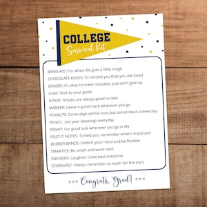 Bewerkbare College Survival Kit afdrukbare gele en marineblauwe schoolkleuren Gepersonaliseerde middelbare school afstudeercadeau Zorgpakketkaart