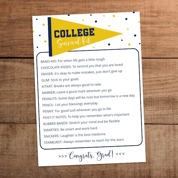 Editable College Survival kit printable yellow and navy school colors  Personalized High school senior graduation gift  Care package card