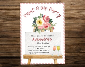 Paint and sip party invitation  Editable card printable  birthday  bridal shower invite