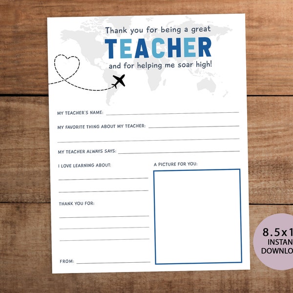 Appreciation week letter printable for teachers from students Airplane travel theme  all about my teacher Thank you note