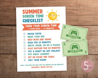 Editable Summer Screen Time Checklist for Kids Chore Chart  Printable Tracker