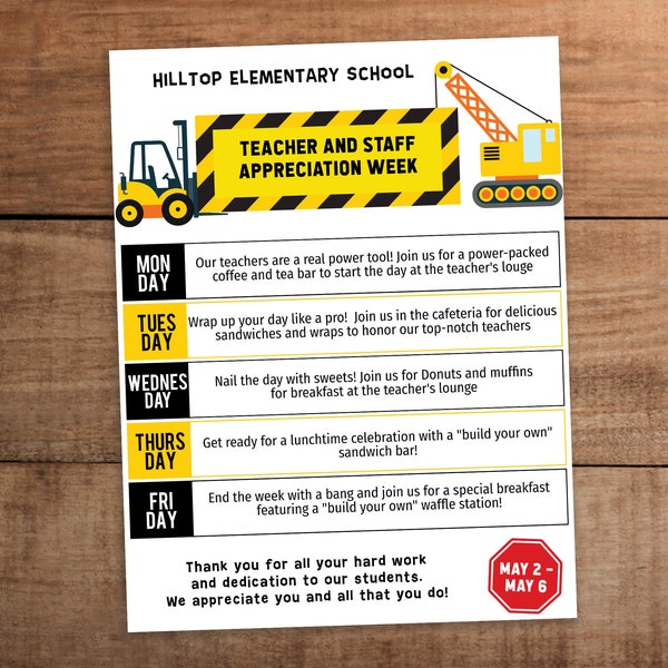 Teacher and staff appreciation week itinerary schedule of events sign flyer editable printable Building construction theme