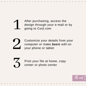 Puede incluir: Una gu&iacute;a de tres pasos para personalizar e imprimir un dise&ntilde;o. Paso 1: Accede al dise&ntilde;o a trav&eacute;s del correo electr&oacute;nico o Corjl.com. Paso 2: Personaliza los detalles en una computadora o tel&eacute;fono. Paso 3: Imprime en casa, en un centro de copiado o en un centro de fotos. El texto "5th and Company" est&aacute; en la parte inferior de la imagen.