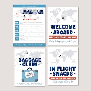 Teacher and Staff Appreciation Week Itinerary Sign Editable Plane Travel Theme Bundle Template