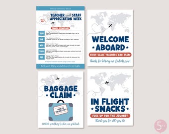 Teacher and Staff Appreciation Week Itinerary Sign Editable Plane Travel Theme Bundle Template