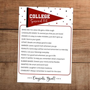 Bearbeitbares College Survival Kit druckbare rote und schwarze Schulfarben Personalisierte Abitur Abschluss Geschenk Pflegepaketkarte