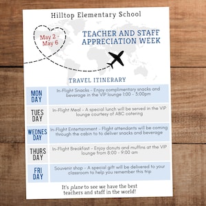 Teacher and Staff Appreciation Week itinerary schedule of events sign printable Airplane travel theme