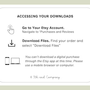 以下が含まれることがあります： ACCESSING YOUR DOWNLOADSというタイトルの説明用グラフィック。明るい背景に黒い文字で、購入とレビューへの移動、ファイルのダウンロード選択、ブラウザまたはコンピュータの使用が必要である旨の手順が記載されています。