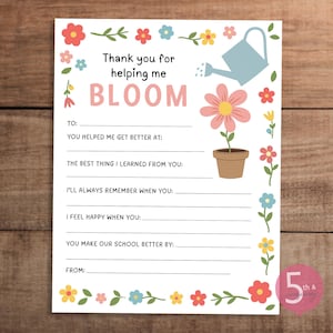 Gracias por ayudarme a Bloom Carta imprimible de la semana de agradecimiento a los maestros y al personal Nota de agradecimiento de los estudiantes, Todo sobre mi maestro