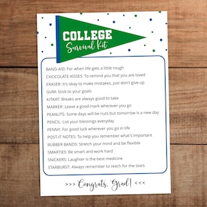 Kit de sobrevivência para faculdade editável, cores verdes e azuis para impressão, cartão personalizado de pacote de cuidados para presente de formatura do ensino médio