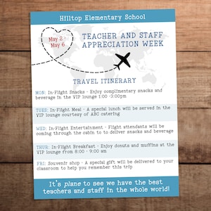 Editable Teacher and staff appreciation week itinerary schedule of events sign printable Airplane travel theme