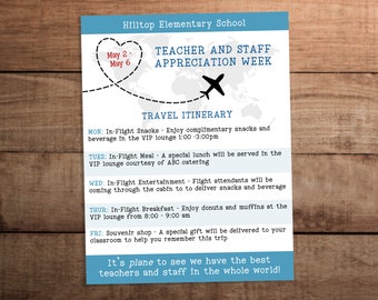 Editable Teacher and staff appreciation week itinerary schedule of events sign printable Airplane travel theme