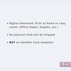 Puede incluir: Texto sobre un fondo blanco con texto negro. El texto dice: "Descarga digital. Imprime en casa o copia el centro (Office Depot, Staples, etc.). No se enviar&aacute; ning&uacute;n art&iacute;culo f&iacute;sico. NO es una plantilla Corjl editable." 5th and Company est&aacute; escrito en cursiva en la parte inferior de la p&aacute;gina.