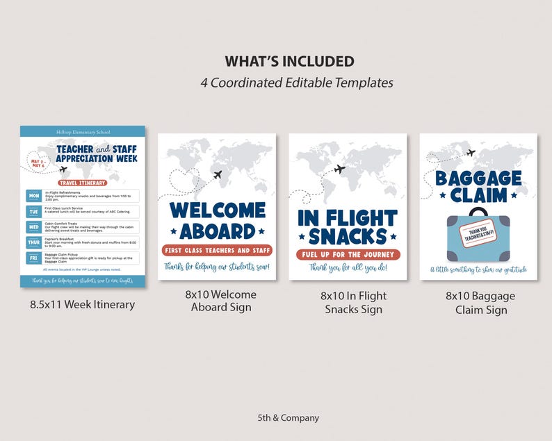 Teacher and Staff Appreciation Week Itinerary Sign Editable Plane Travel Theme Bundle Template image 2