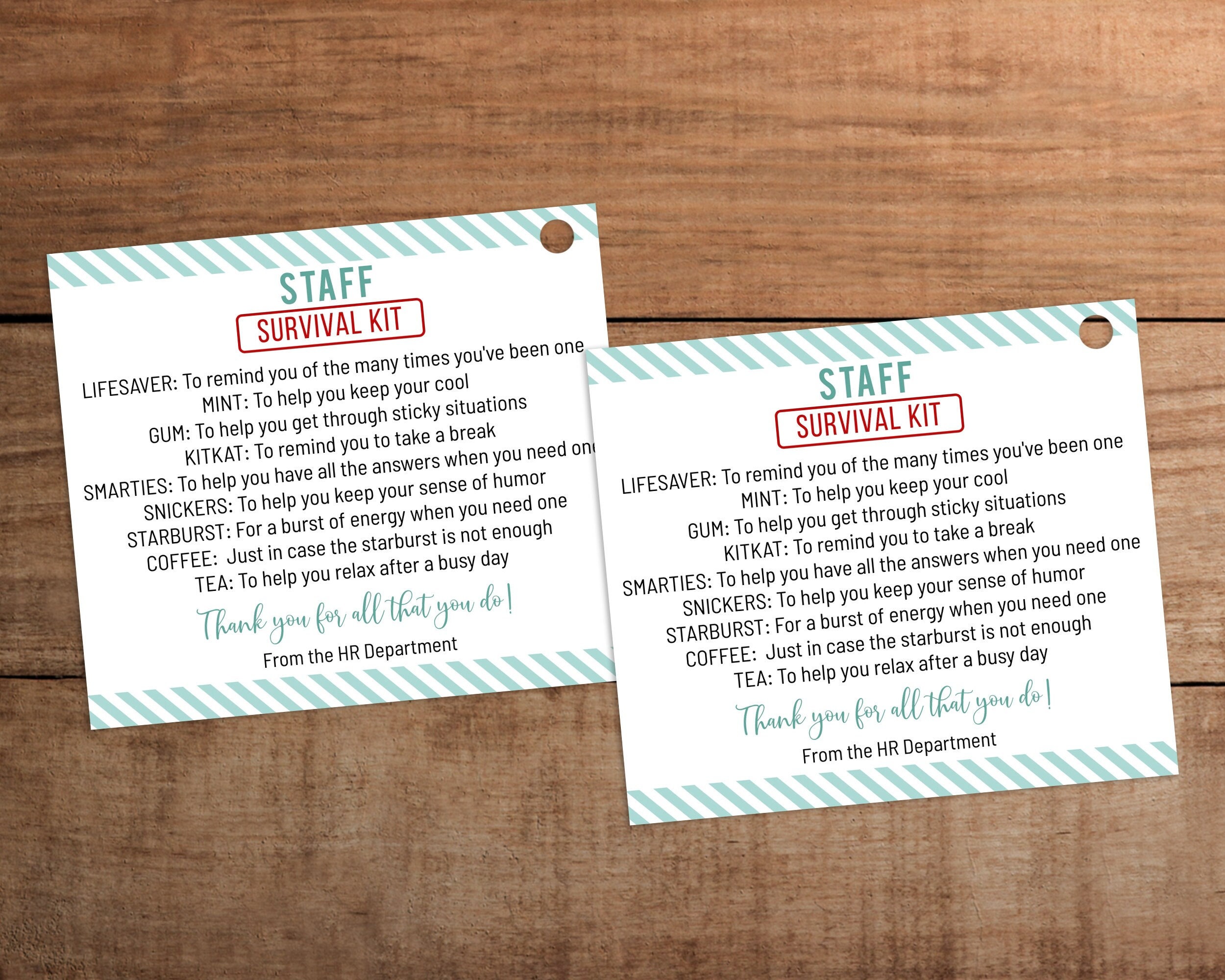 Editable Staff Survival kit printable Employee appreciation gift tag