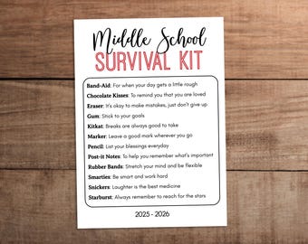 Middle school survival kit card printable   back to school gift   5x7 instant download