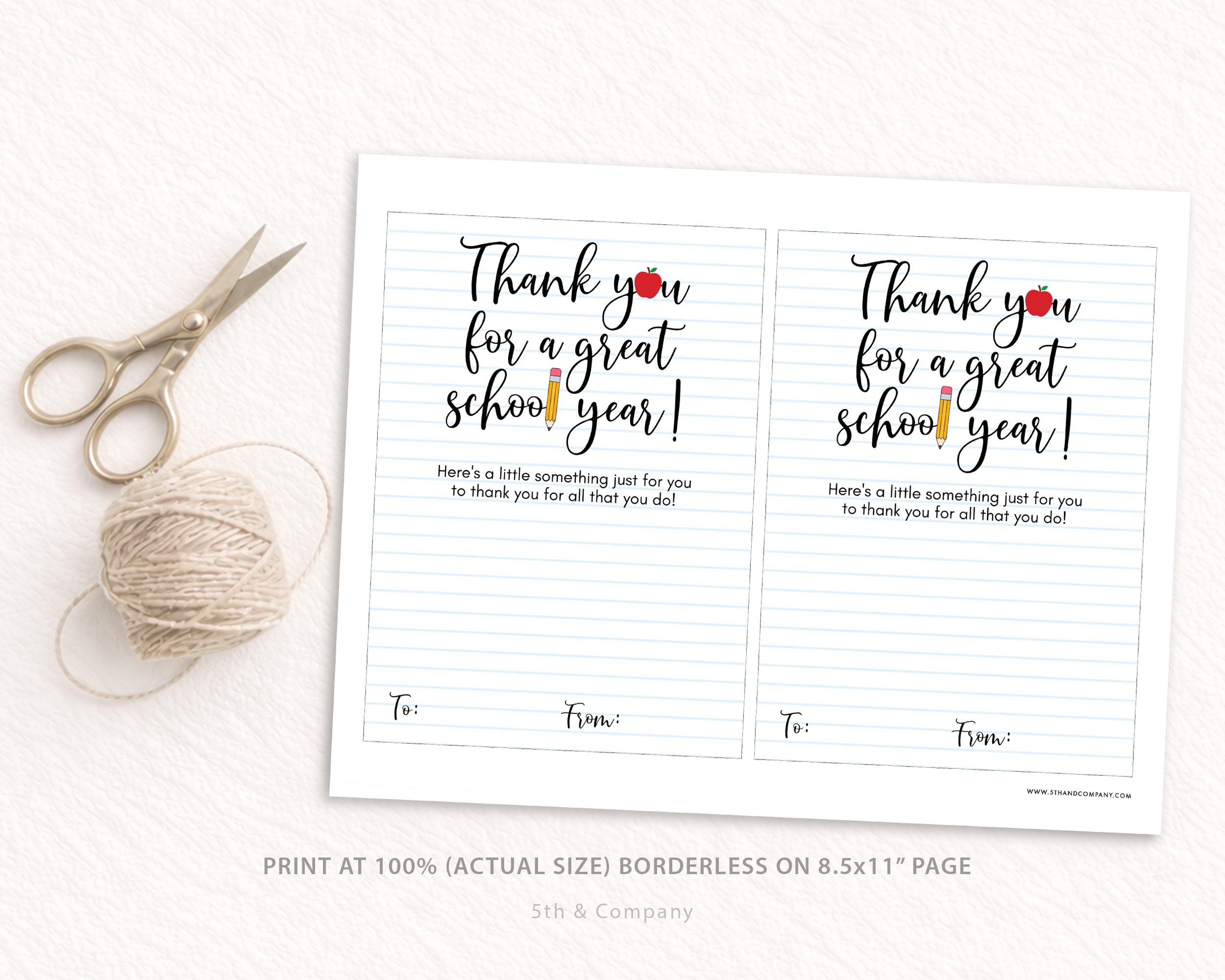 End of School Year Teacher Gift Card Holder Printable, Thank You ...