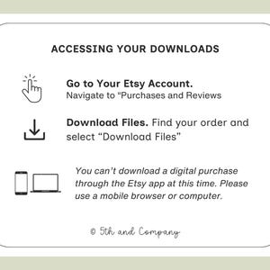 以下が含まれることがあります： ACCESSING YOUR DOWNLOADSというタイトルの黒いテキストが記載された白い情報グラフィック。Etsyアカウントに移動し、Purchases and ReviewsからDownload Filesを選択する手順が示されています。デジタルファイルはアプリ経由ではダウンロードできない旨が記載されています。