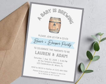 Einladung zur Babyparty: Gemischte Einladung zur Bier- und Windelparty, Vorlage für Paare zur Babyparty, bearbeitbare digitale PDF-Datei
