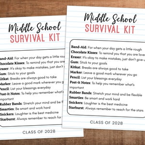 Editable Middle school student survival kit printable Class of 2028 2027 welcome back to school
