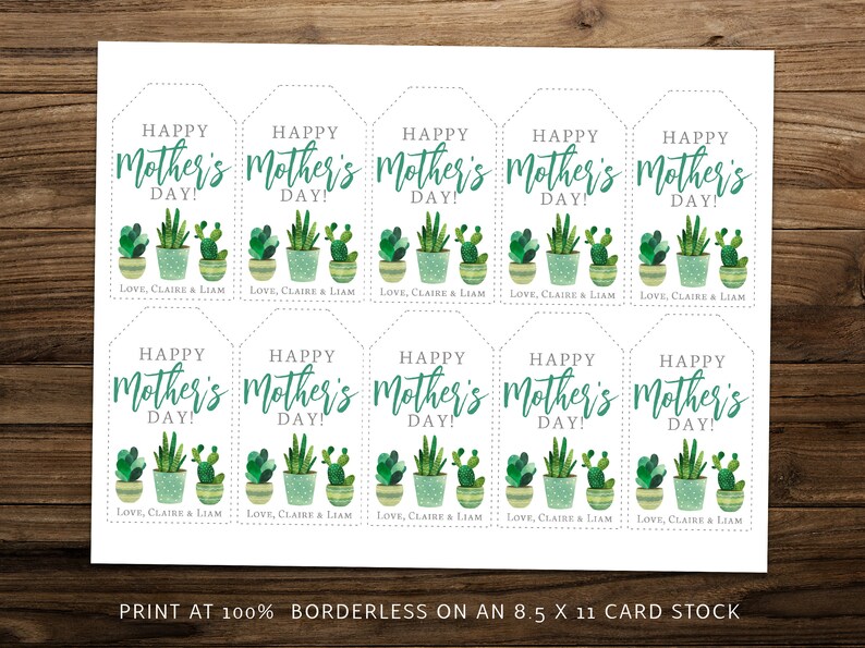 Puede incluir: Diez etiquetas de regalo imprimibles con una ilustraci&oacute;n de acuarela de cactus en maceta y el texto "Happy Mother's Day!" con las palabras "Love, Claire & Liam" en la parte inferior de cada etiqueta.