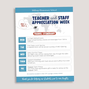 Teacher and Staff Appreciation Week Itinerary Sign Editable Plane Travel Theme Bundle Template image 3